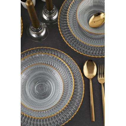 12-delt spisesæt i klart glas med gulddetaljer