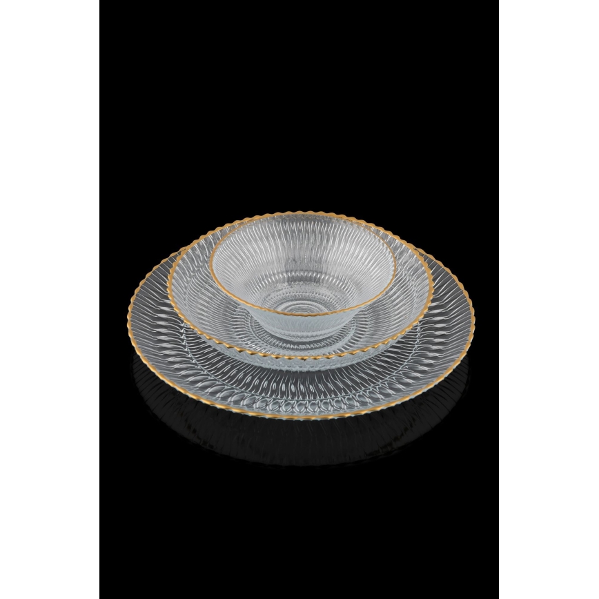 12-delt spisesæt i klart glas med gulddetaljer