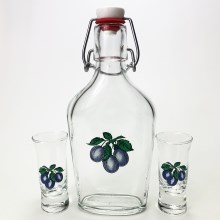 1x stor flaske + 2x shotglas transparent med blommemotiv