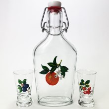1x stor flaske + 2x shotglas transparent med frugtmotiv