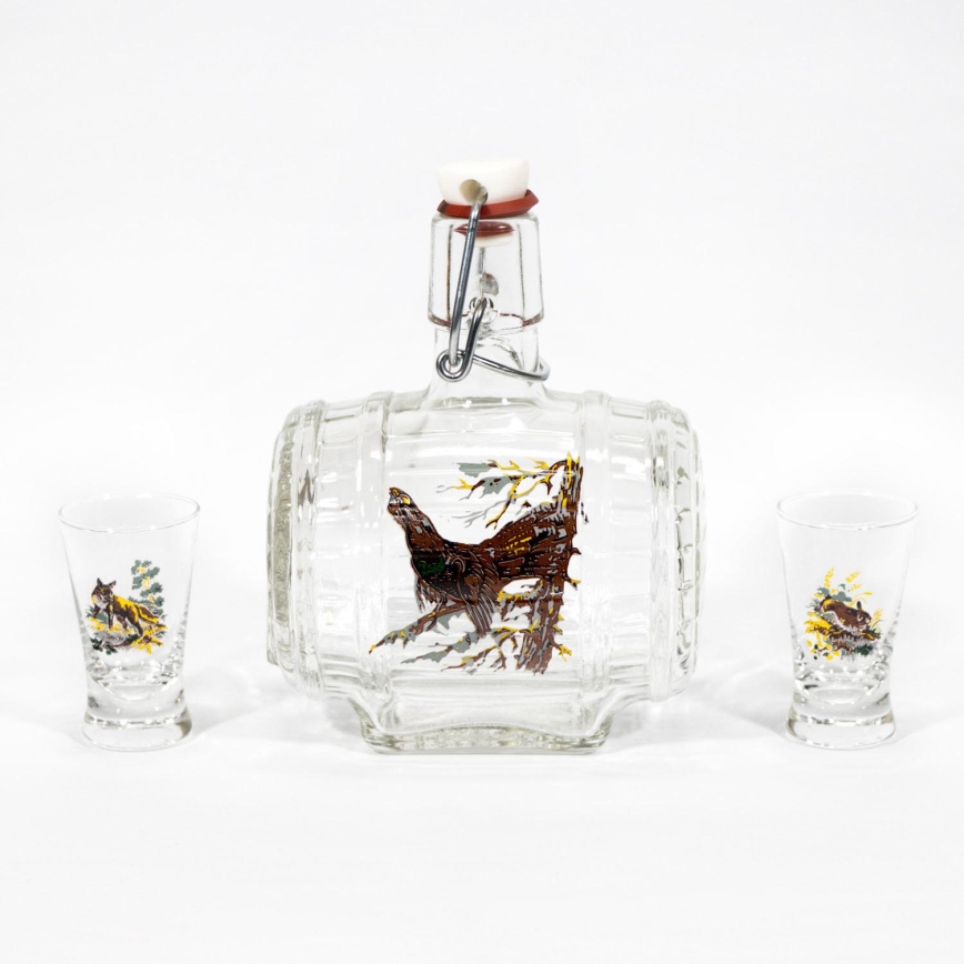 1x tøndeformet glasflaske og 2x glas til shots transparent