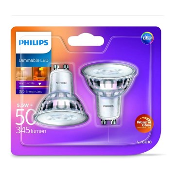 2 LED-pærer dæmpbar Philips Warm Glow GU10/5,5W/230V 2200K–2700K 