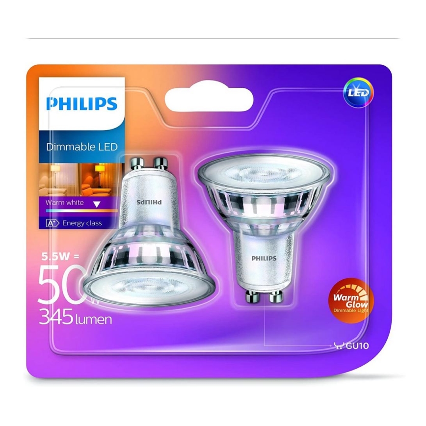 2 LED-pærer dæmpbar Philips Warm Glow GU10/5,5W/230V 2200K–2700K 