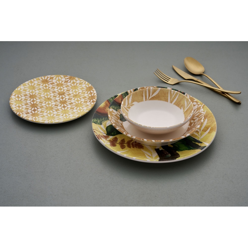 24-delt middagsservice i keramik – gul, grøn og hvid