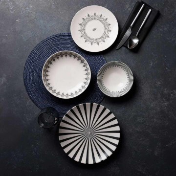 24-delt spisestel i porcelæn, hvid/sort