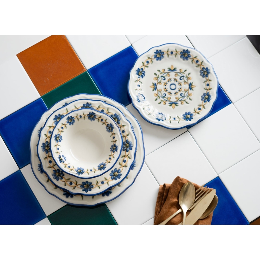 24-delt spisesæt hvid/blå/gul/porcelæn