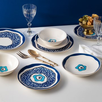 24-delt spisesæt hvid/blå/guld/porcelæn
