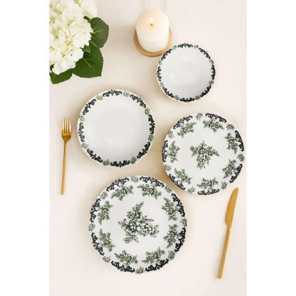 24-delt spisesæt i porcelæn, hvid/grøn