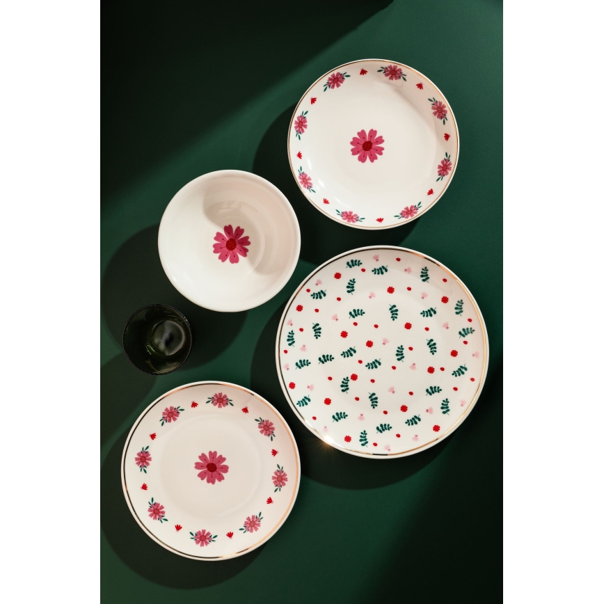 24-delt spisesæt i porcelæn, hvid/rød/grøn
