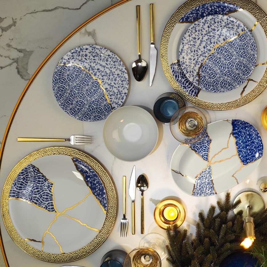 28-delt spisesæt i porcelæn, hvid/guld/blå