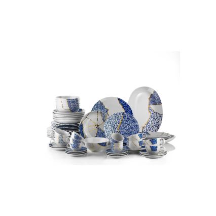 28-delt spisesæt i porcelæn, hvid/guld/blå