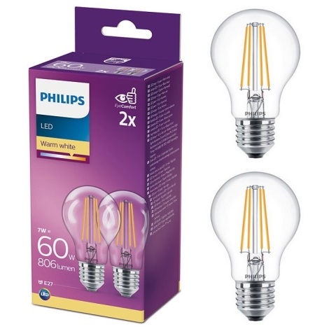 2x LED-pære Philips E27/7W/230V 2700K | Lampemania