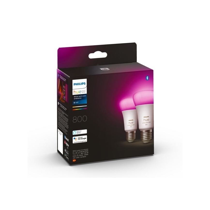 2x LED-pære dæmpbar Philips Hue White And Color Ambiance A60 E27/6,5W/230V 2000-6500K