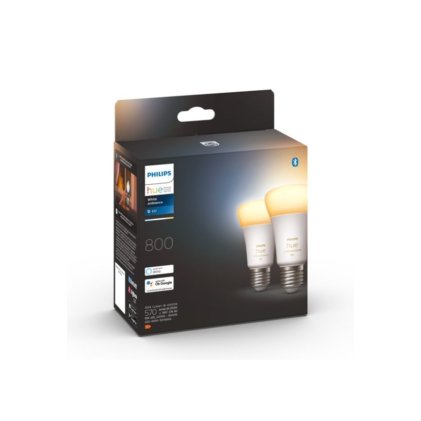 2x LED-pære dæmpbar Philips Hue WHITE AMBIANCE E27/6W/230V 2200-6500K