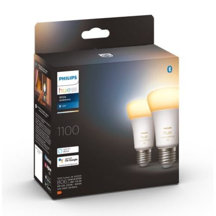 2x LED-pære dæmpbar Philips Hue WHITE AMBIANCE E27/8W/230V 2200-6500K