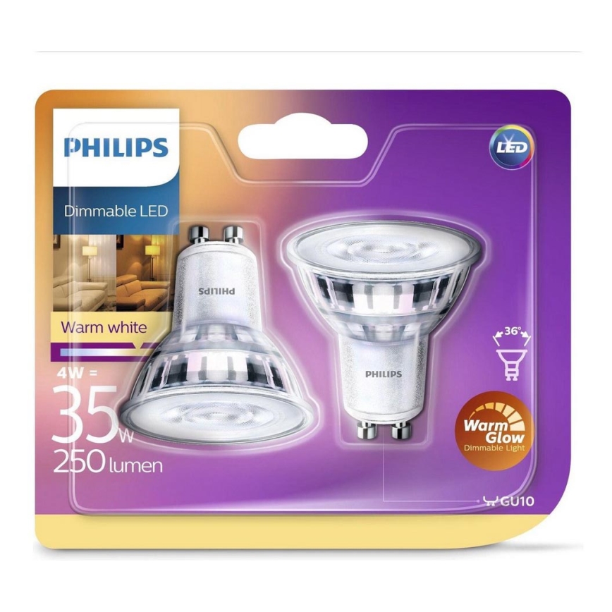 2x LED-pære dæmpbar Philips Warm Glow GU10/4W/230V 2200K-2700K 
