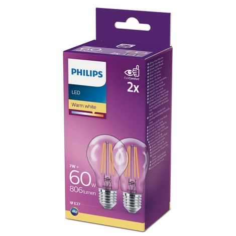 2x LED-pære Philips A60 E27/7W/230V 2700K
