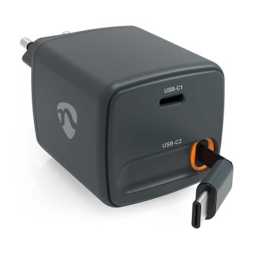 30 W Power Delivery-oplader med indtrækkeligt kabel, 2x USB-C, sort