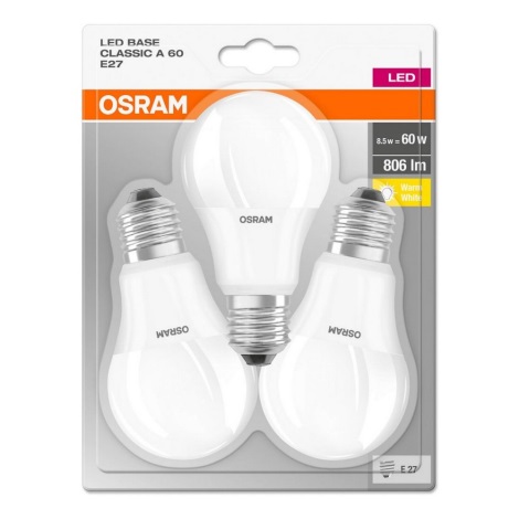 3x LED-pære BASE E27/8,5W/230V 2700K - Osram