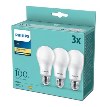 3x LED-pære Philips A60 E27/13W/230V 2700K