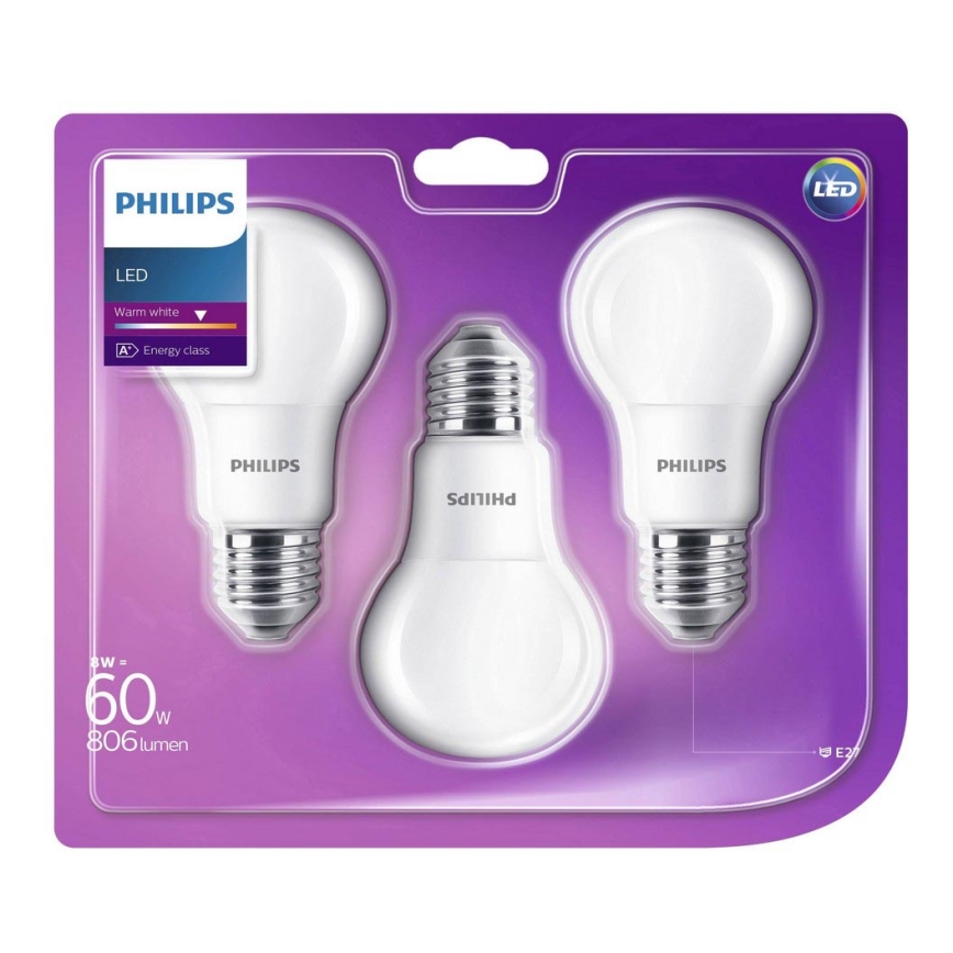 3x LED-pære Philips E27/8W/230V 2700K