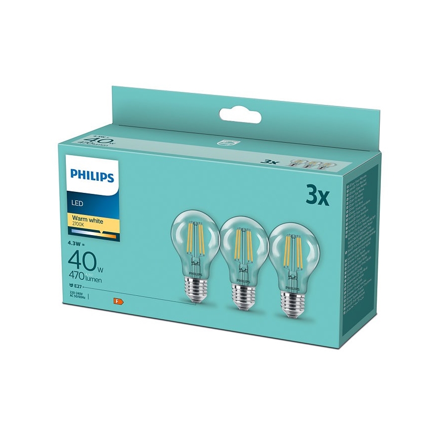 3x LED-pære VINTAGE Philips E27/4,3W/230V 2700K
