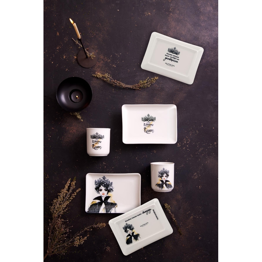 4-delers spisesæt i porcelæn, sort/hvid