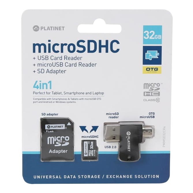 4-i-1 MicroSDHC 32GB + SD-adapter + MicroSD-kortlæser + OTG-adapter