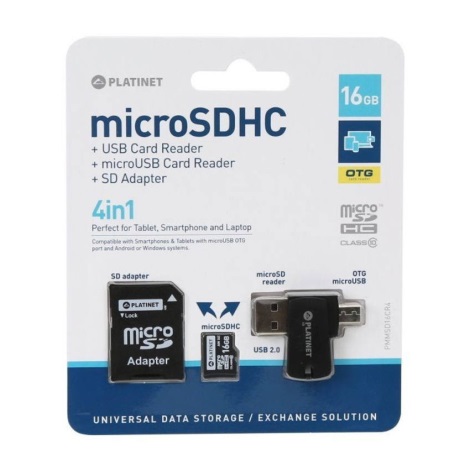 4-i-1 MicroSDHC-kort 16GB + SD-adapter + MicroSD-læser+ OTG-adapter