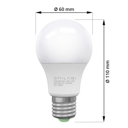 4x LED-pære ECOLINE A60 E27/10W/230V 4,000K - Brilagi