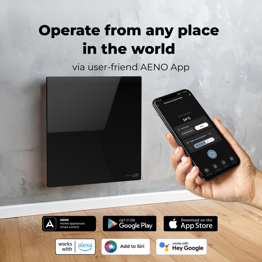 AENO - Smart elektrisk infrarødt varmepanel 500W timer/termostat Wi-Fi sort