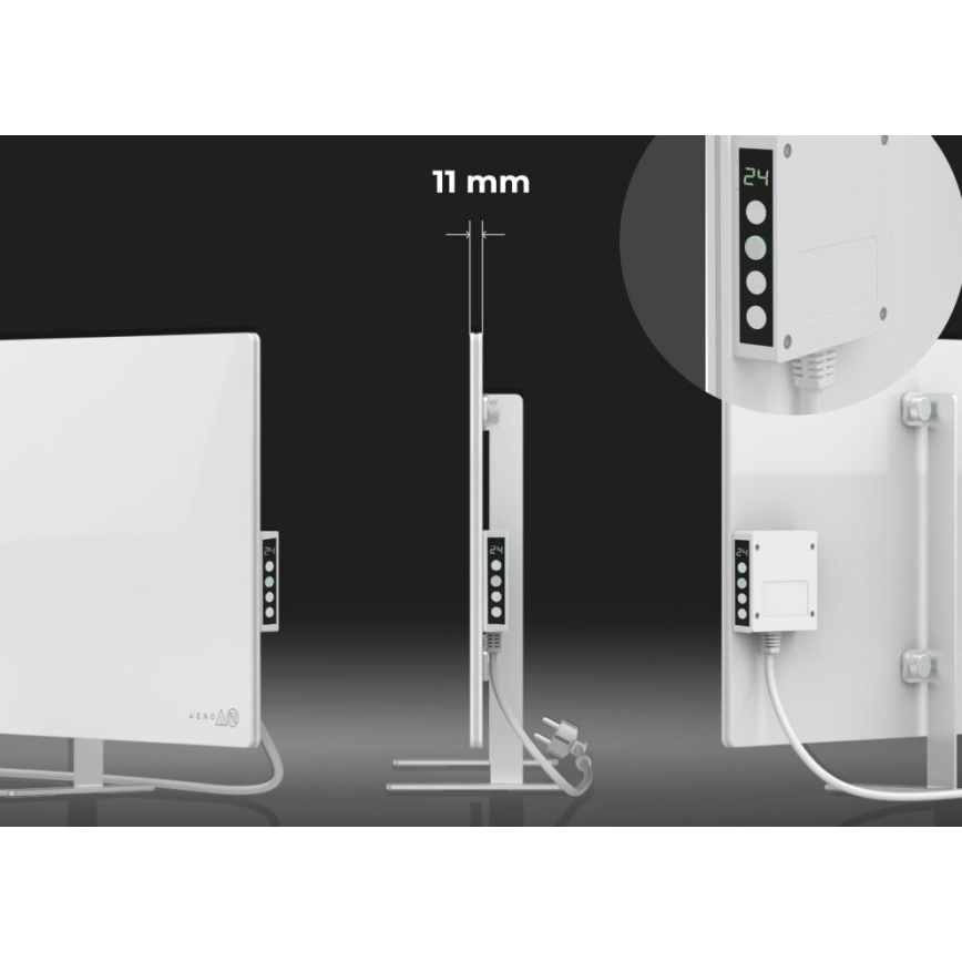 AENO - Smart elektrisk infrarødt panel med LED-display, 700 W, timer og termostat, IP44, Wi‑Fi, hvid