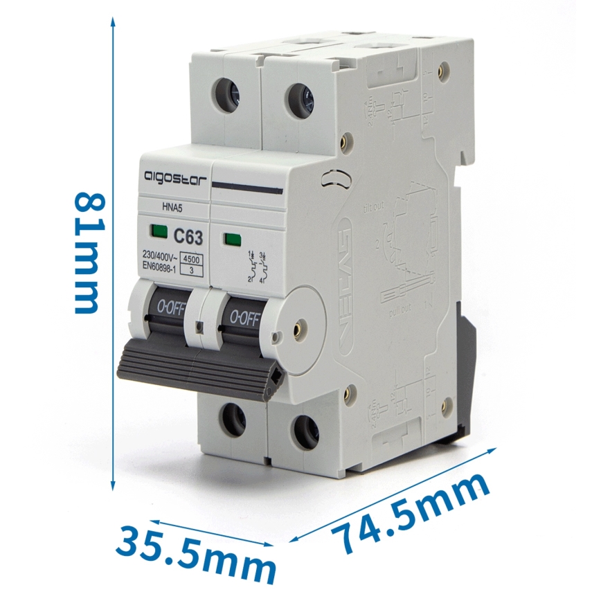 Aigostar - 2-polet automatsikring (2P) 63 A, C-karakteristik, 230-400V