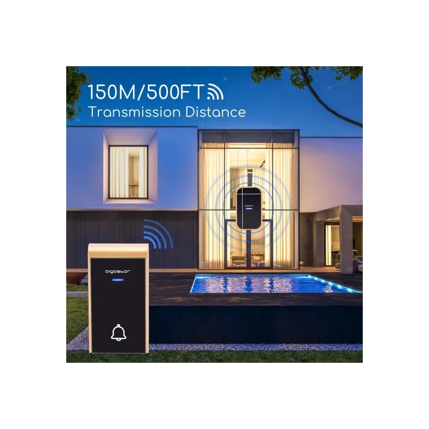Aigostar - 2x Trådløs dørklokke til stikkontakt 230V IP44 sort/kobberfarvet