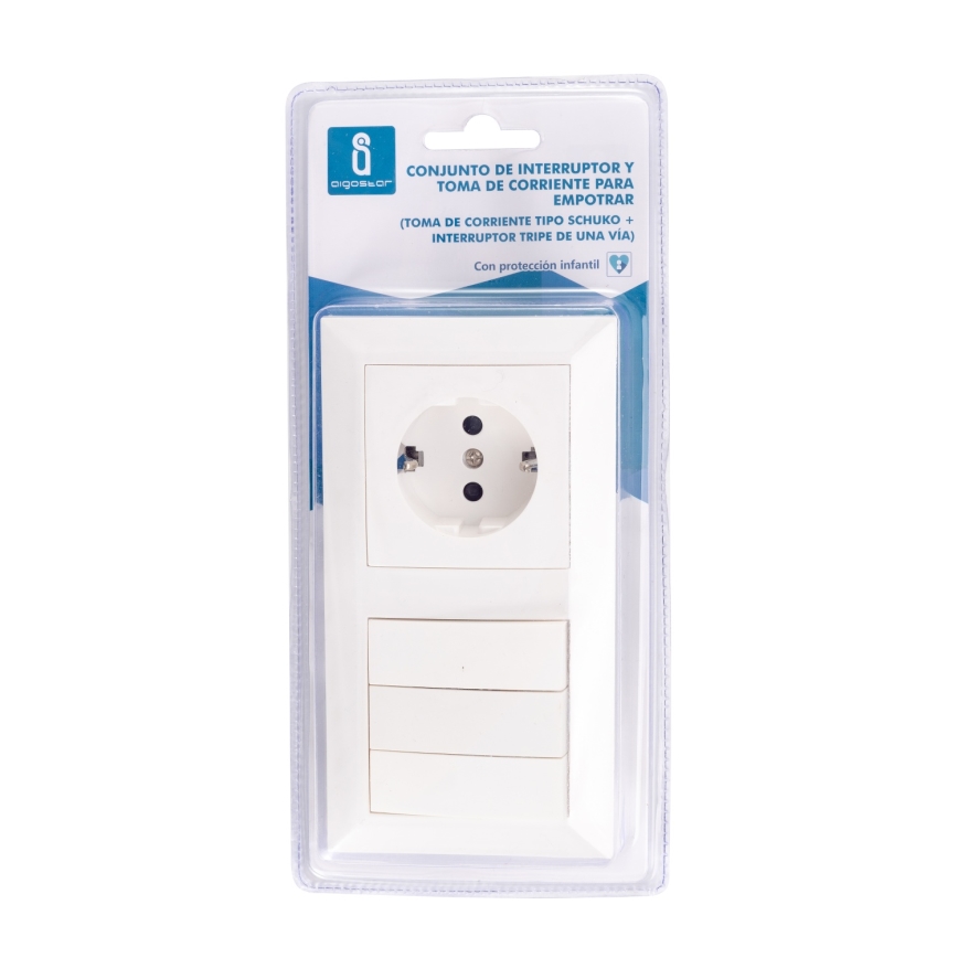 Aigostar - 3-gangs afbryder (model 3) med SCHUKO-stik 230 V og ramme, hvid