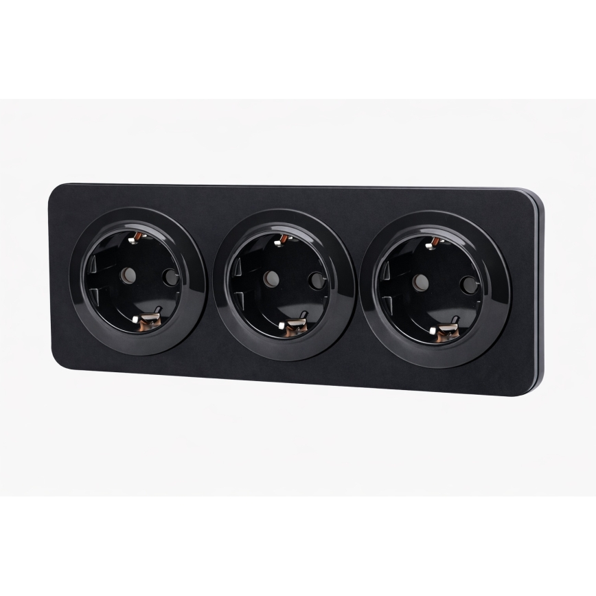 Aigostar - 3-gangs stikkontakt med ramme, SCHUKO 250V/16A, sort