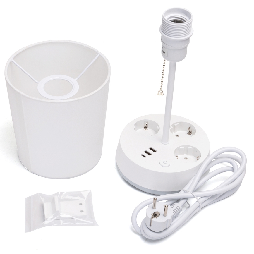 Aigostar - Bordlampe med stik og USB-porte 1xE27/60W/230V hvid