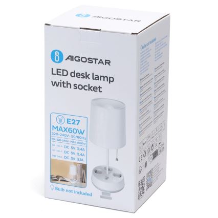 Aigostar - Bordlampe med stik og USB-porte 1xE27/60W/230V hvid