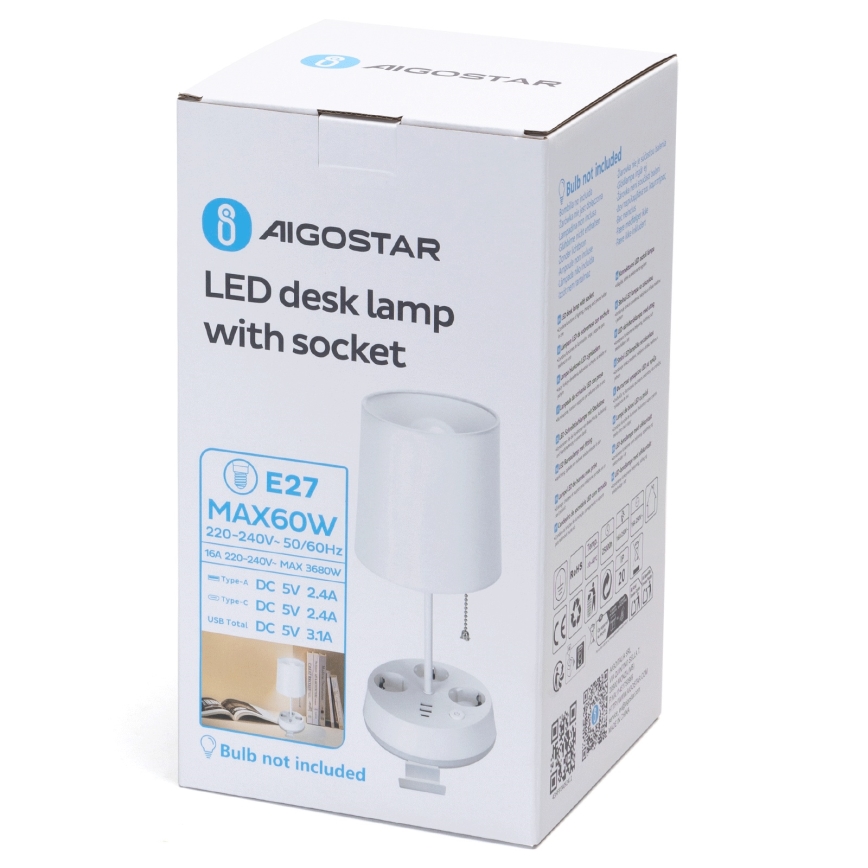 Aigostar - Bordlampe med stik og USB-porte 1xE27/60W/230V hvid