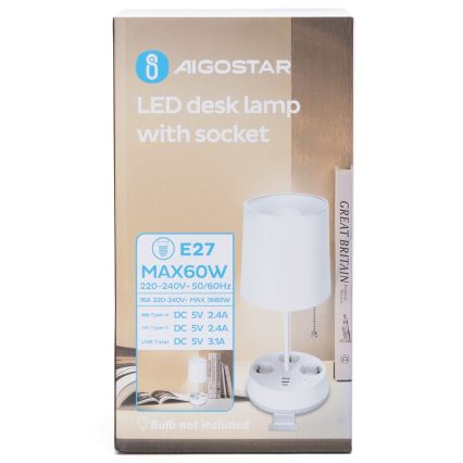 Aigostar - Bordlampe med stik og USB-porte 1xE27/60W/230V hvid