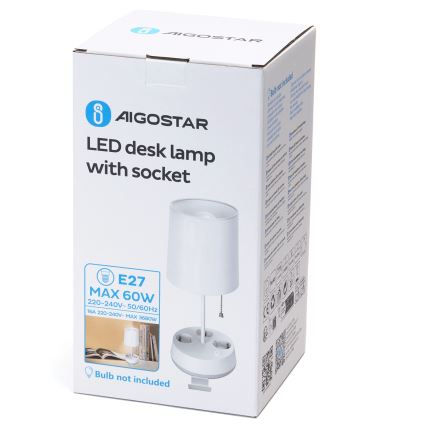 Aigostar - Bordlampe med stikkontakter 1xE27/60W/230V hvid