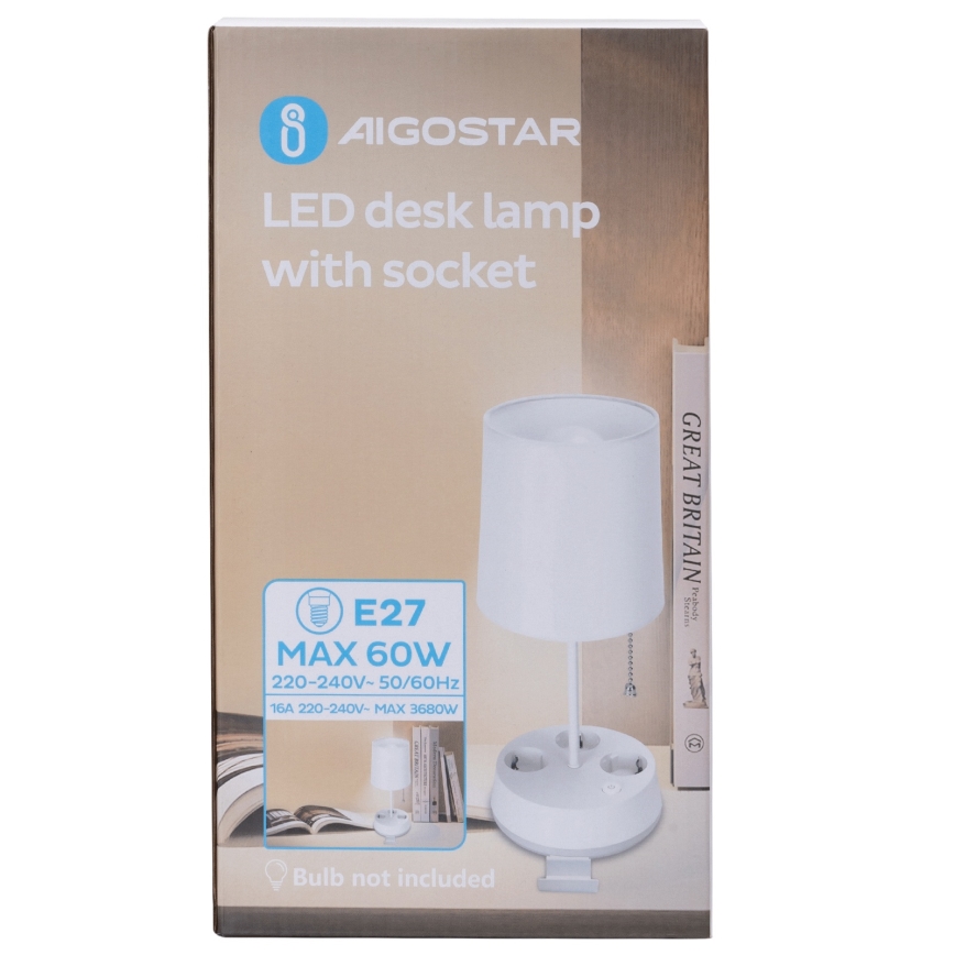 Aigostar - Bordlampe med stikkontakter 1xE27/60W/230V hvid