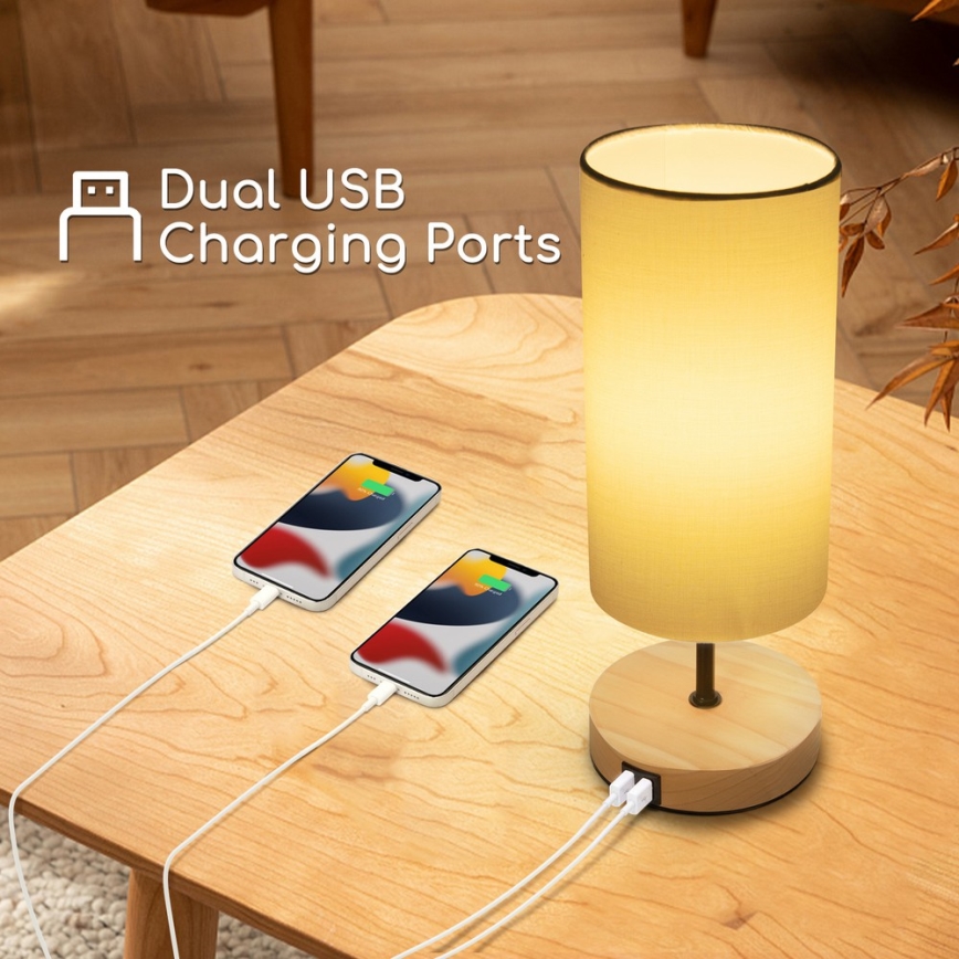 Aigostar - Bordlampe med USB-port 1xE27/40W/230V beige