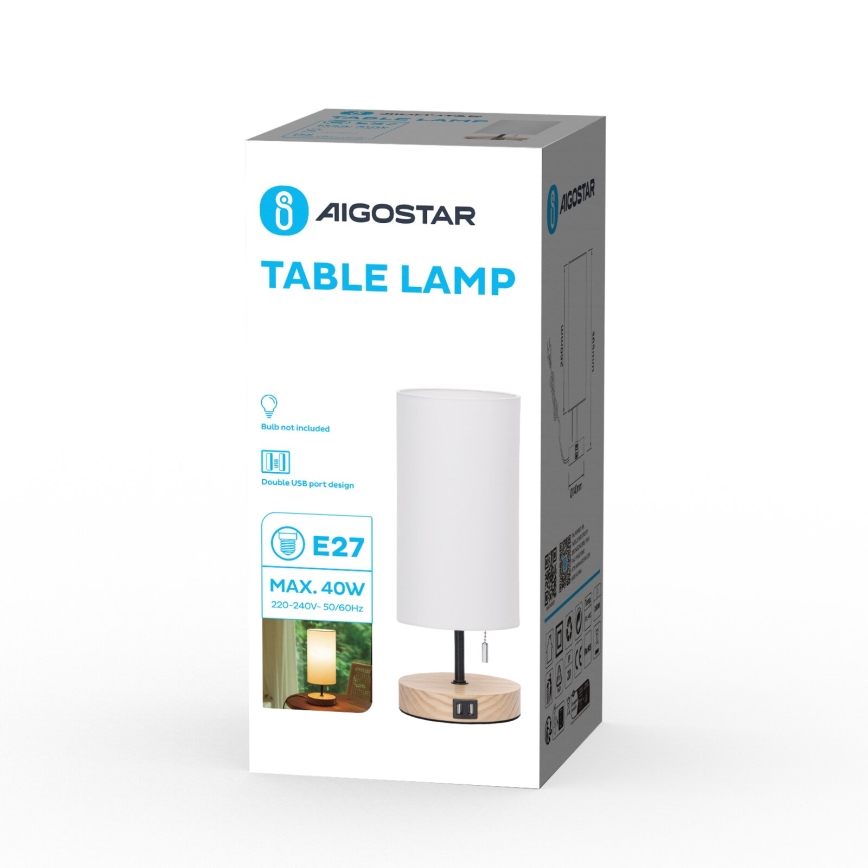 Aigostar - Bordlampe med USB-port 1xE27/40W/230V beige