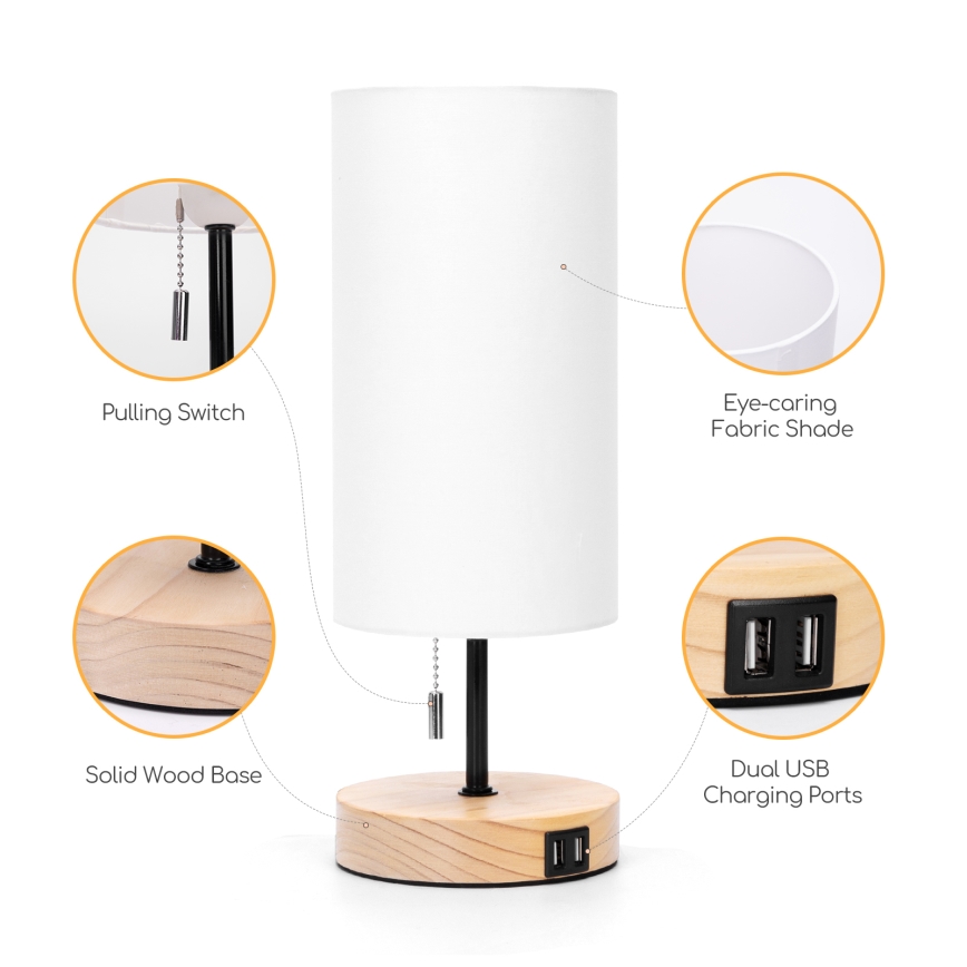 Aigostar - Bordlampe med USB-port 1xE27/40W/230V sort/creme