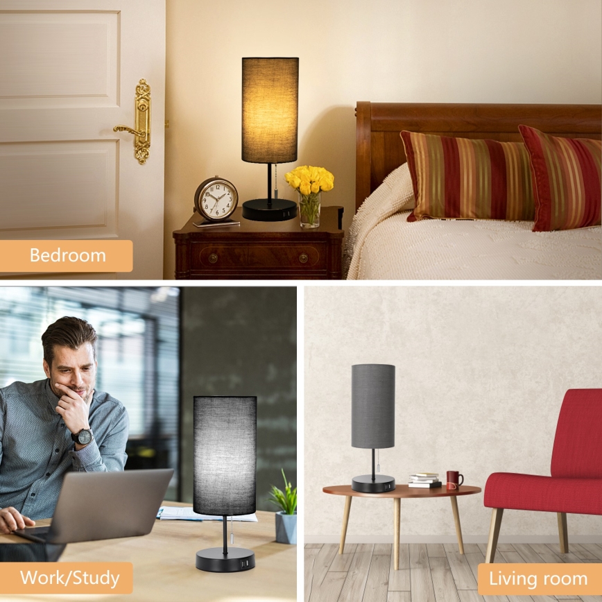 Aigostar - Bordlampe med USB-port 1xE27/40W/230V sort