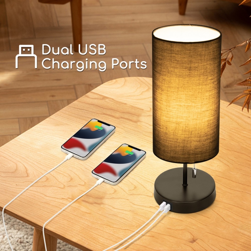 Aigostar - Bordlampe med USB-port 1xE27/40W/230V sort