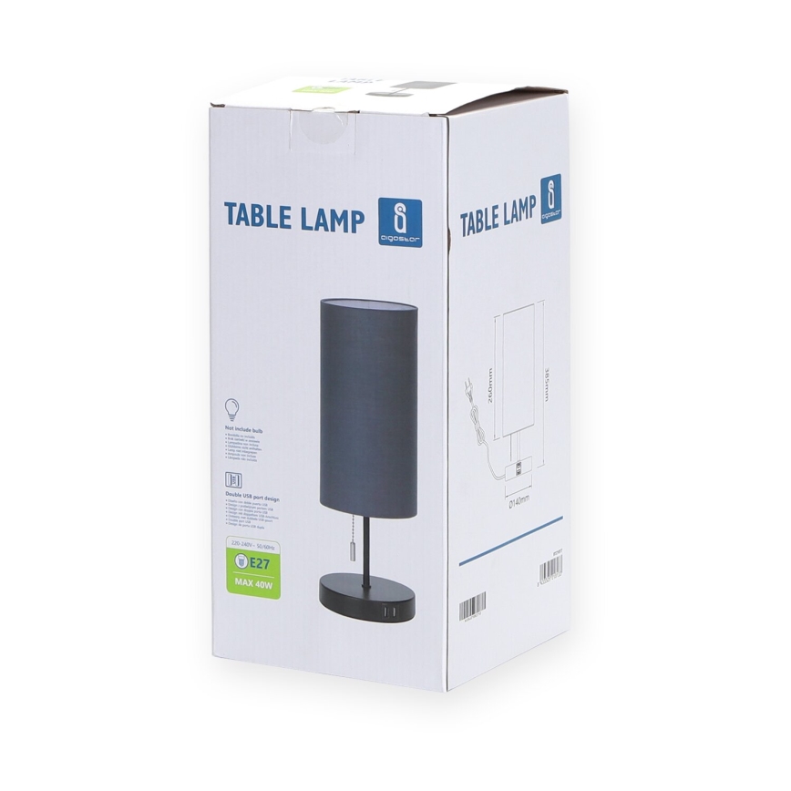 Aigostar - Bordlampe med USB-port 1xE27/40W/230V sort