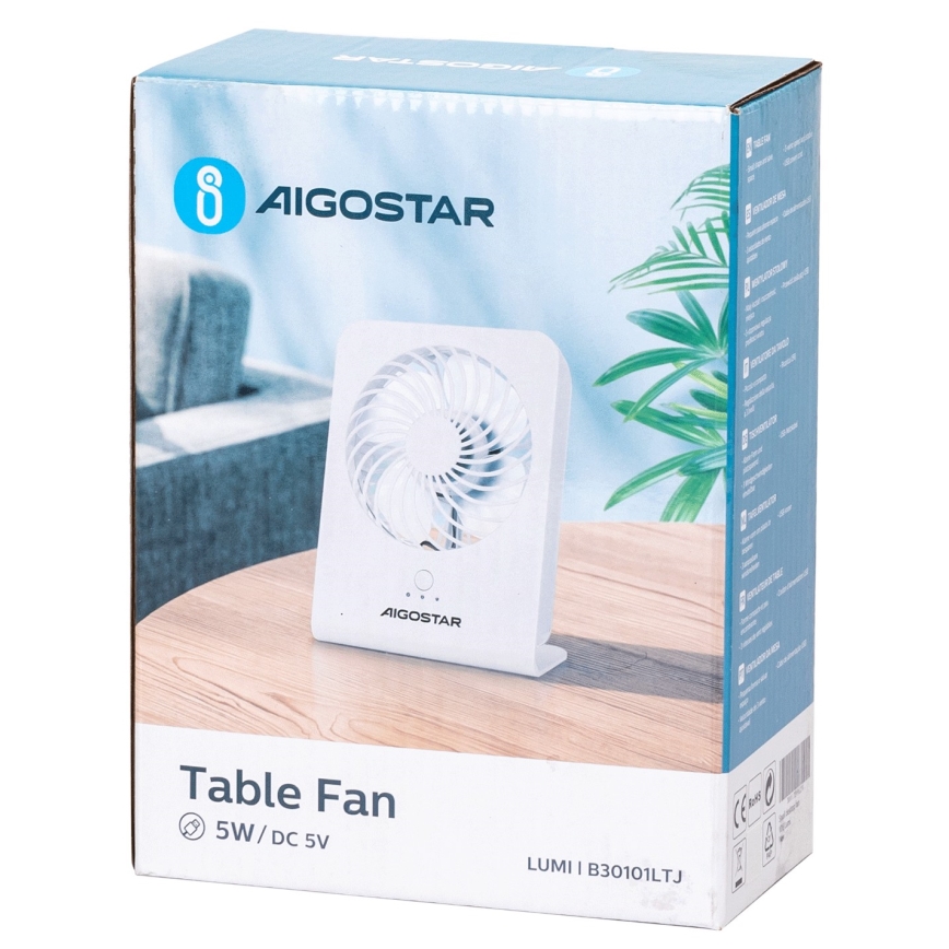 Aigostar - Bordventilator 5W/5V hvid