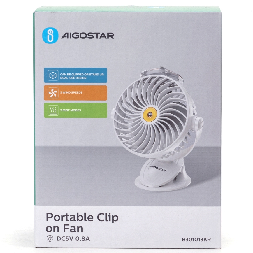 Aigostar - Bordventilator genopladelig med klemme 2W/5V 2400mAh USB hvid